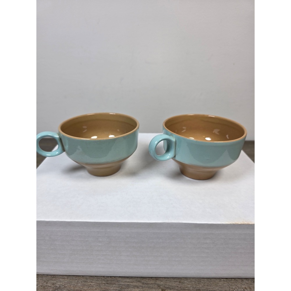 Mid Century Style Two Tone Ceramic Coffee Cups Aqua Blue Brown Stackable